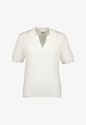 Witte gebreide polo met korte mouwen, V-hals, ribgebreide mouwen en onderrand. Soepele textuur met een minimalistisch ontwerp.