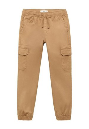 Tan cargo pants with an elastic waistband, adjustable drawstring, tapered legs, and multiple side pockets. Smooth cotton fabric with no patterns.