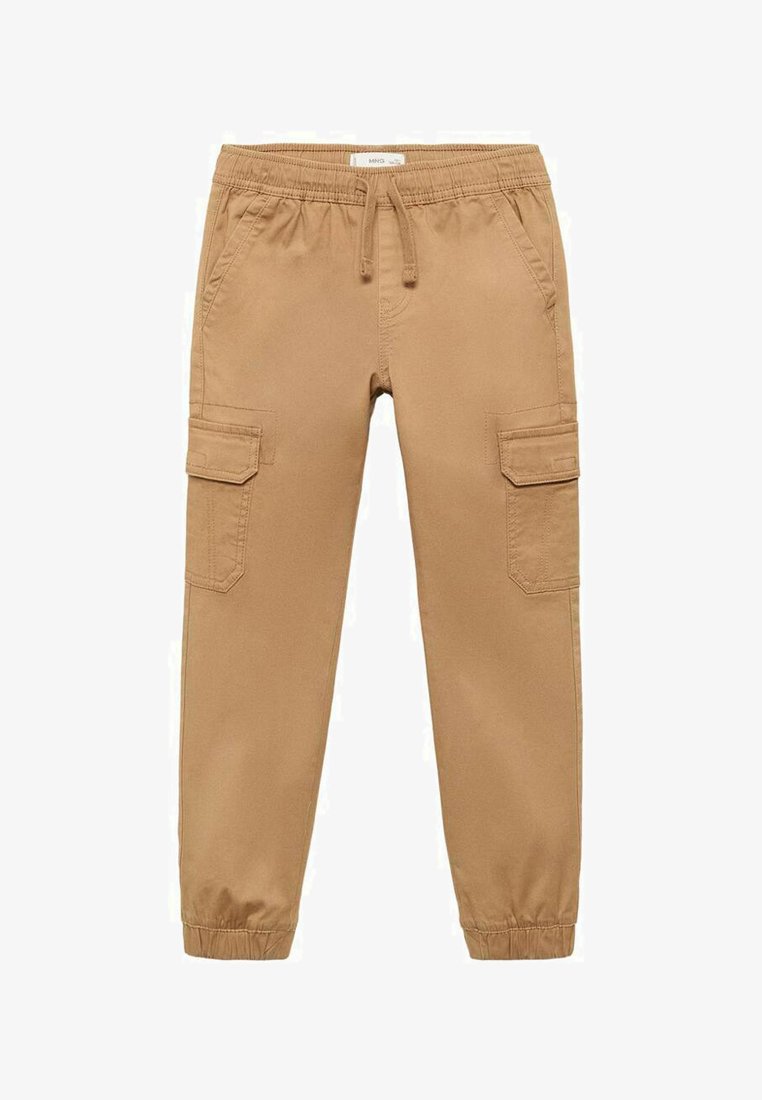 Pantaloni cargo color cammello con cintura elastica, cordoncino regolabile, gambe affusolate e molteplici tasche laterali. Tessuto di cotone liscio senza fantasie.