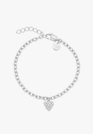 Silberarmband mit verstellbarem Verschluss und einem herzförmigen Anhänger, der mit klaren Kristallen besetzt ist.