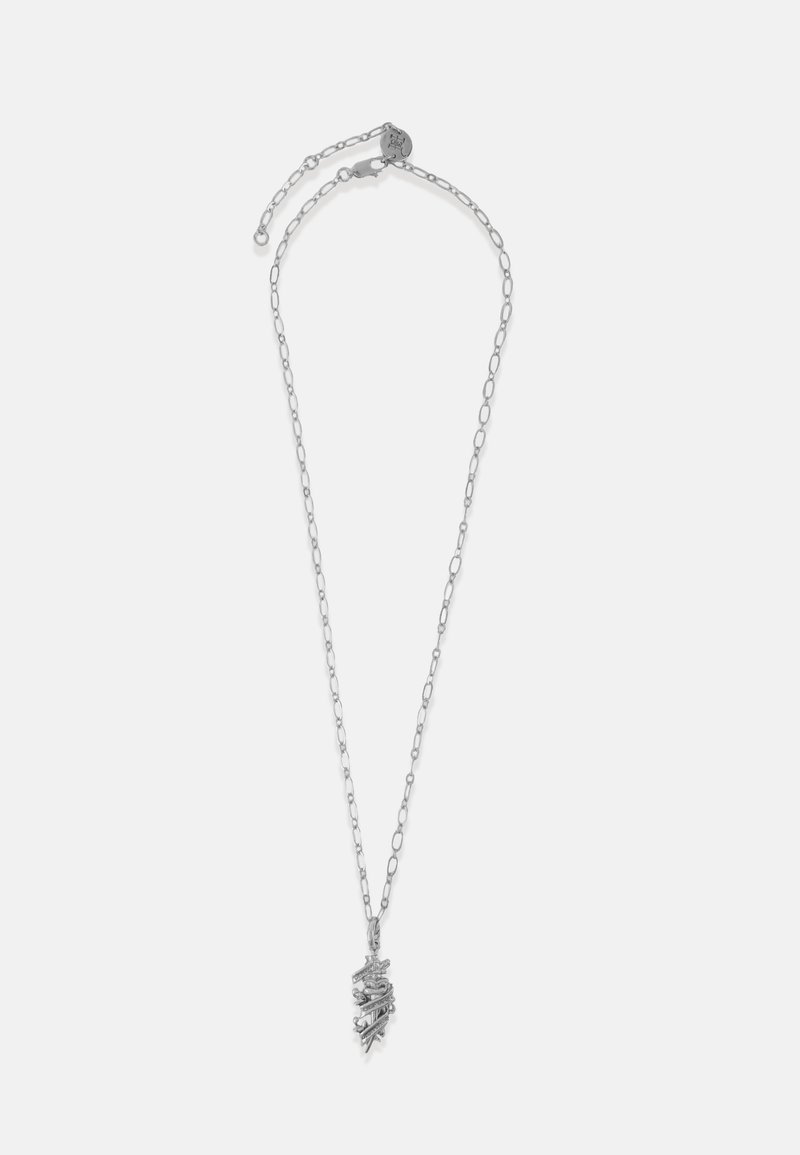 Hõbedane kettkaelakee, millel on keeratud ripats kihilise disainielemendiga, millel on tekstuuriga viimistlus, mis peegeldab valgust.