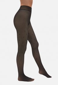 Medias opacas negras con una textura suave, que presentan un sutil patrón de pequeños diamantes. La cintura alta se extiende hasta la mitad de la cintura.