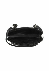 Borsa crossbody in pelle nera con due scomparti aperti con cerniera e tracolla regolabile su sfondo bianco.