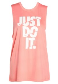 Top senza maniche di colore rosa realizzato in tessuto morbido, con grande scritta bianca "JUST DO IT." sulla parte anteriore. Design semplice e forma rilassata.