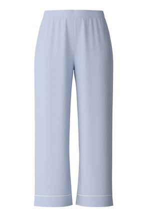 Pantaloni azzurri chiari a gamba larga realizzati in tessuto morbido; vita elastica; dettagli bianchi all'orlo. Design semplice e rilassato con una texture liscia.