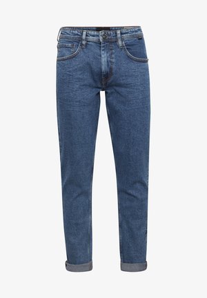 Blå denimjeans med lys fading, rett ben-design, fem lommer, knappe-lukking og rullende mansjetter. Glatt tekstur, ingen synlige mønstre.