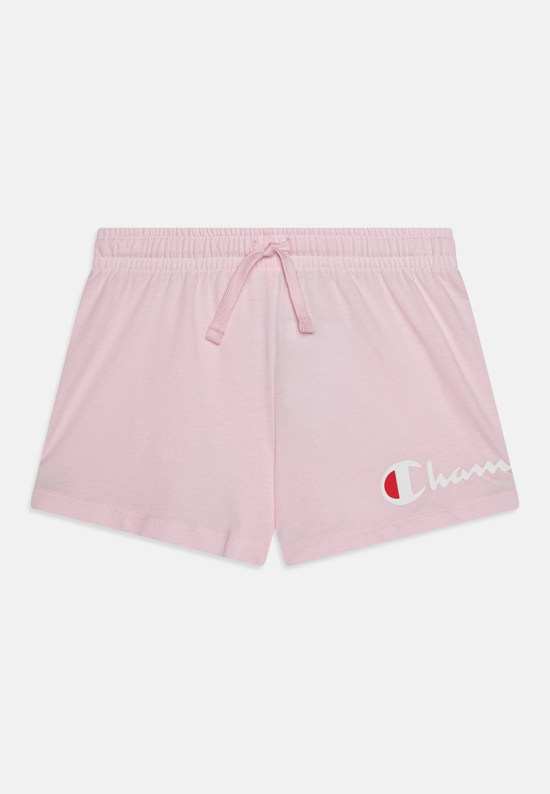 Pink cotton shorts with an elastic waistband, featuring a drawstring and white "Champion" logo on the lower left side.