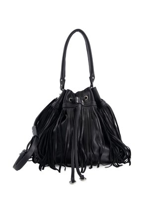 Black leather bucket handbag with long fringe details, a drawstring closure, and a single shoulder strap.