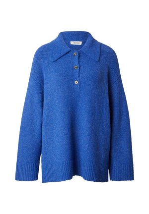 Blue knitted sweater with a collared neckline, three buttons, and ribbed cuffs and hem. Soft texture and relaxed fit.