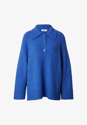 Blauer gestrickter Pullover mit kragenförmigem Ausschnitt, drei Knöpfen und gerippten Bündchen und Saum. Weicher Stoff und lockere Passform.