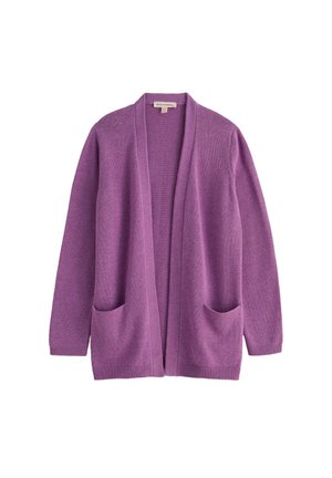 Cardigan en maille violet à ouverture frontale, manches longues, deux poches avant, avec poignets et ourlet côtelés.