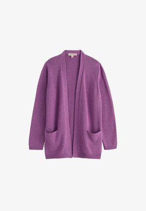 Odprta vijolična pletena jopa z dolgimi rokavi, dvema sprednjima žepoma ter rebrastimi manšetami in spodnjim robom.