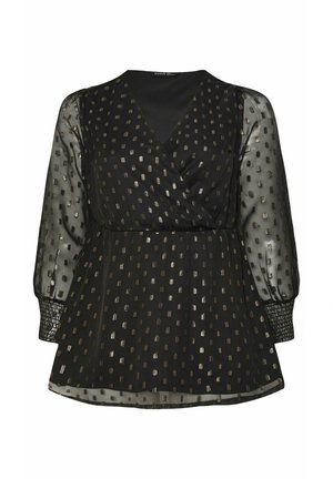 Top negro ajustado con mangas largas transparentes, con patrones rectangulares metálicos dorados, puños texturizados y una silueta fluida.