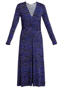 Pitkähihainen mekko violetti-mustalla seepra-kuosilla, jossa on V-aukko, solmittu etumainen yksityiskohta ja liehukehtävä malli. Valmistettu joustavasta kankaasta.