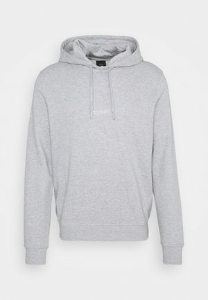 Jasnoszara bluza z kapturem z długim rękawem, kieszenią z przodu, regulowanym ściągaczem kaptura i małym białym logo Armani Exchange na piersi.