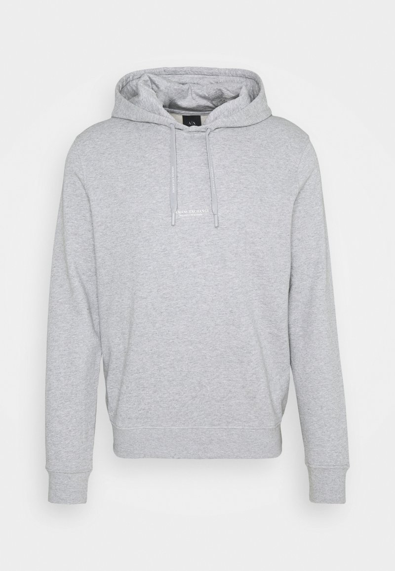 Sweat à capuche gris clair à manches longues avec poche avant, capuche à cordon ajustable et petit logo blanc Armani Exchange sur la poitrine.
