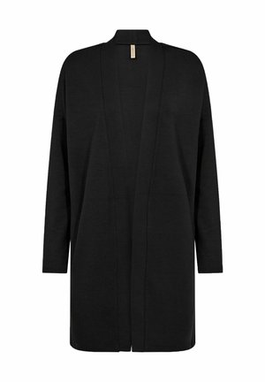 Melnas adītas kardigānas ar brīvu piegriezumu, atvērto priekšpusē un garām piedurknēm. Mīksta tekstūra, smalkas šuvju detaļas un redzamie metāla aksesuāri nav.