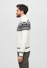 Pulover bej deschis cu guler înalt, decorat cu motive inspirate din stilul nordic, incluzând fulgi de zăpadă și modele geometrice, cu manșete și tiv ondulate.