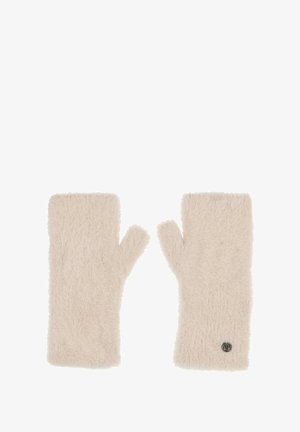 Guanti senza dita di un beige pallido, realizzati in materiale morbido e peloso con una finitura testurizzata. Presentano un piccolo dettaglio del marchio su un lato.