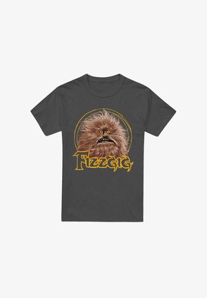 Kohlrabenschwarzes T-Shirt mit einem Grafik eines flauschigen Wesens mit gelben Augen und offenem Mund, umgeben von einem kreisförmigen gelben Rand.