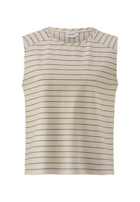 Lichtbeige mouwloos topje met horizontale zwarte strepen, ronde halslijn en een gladde textuur. Eenvoudig ontwerp zonder extra accenten.