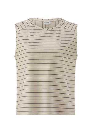 Lichtbeige mouwloos topje met horizontale zwarte strepen, ronde halslijn en een gladde textuur. Eenvoudig ontwerp zonder extra accenten.