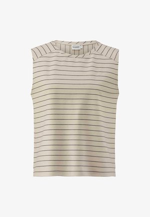 Lichtbeige mouwloos topje met horizontale zwarte strepen, ronde halslijn en een gladde textuur. Eenvoudig ontwerp zonder extra accenten.