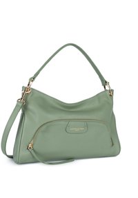 Groene leren handtas met een slouchy ontwerp, featuring een voorvak met rits en goudkleurige hardware. Inclusief een afneembare schouderband.