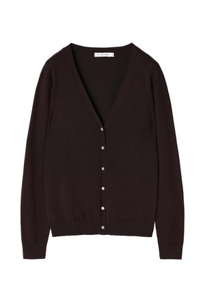 Donkerbruin langemouwen cardigan met een diep V-hals, knoopsluiting aan de voorkant en een zachte textuur. Geen patronen of accentkleuren zichtbaar.