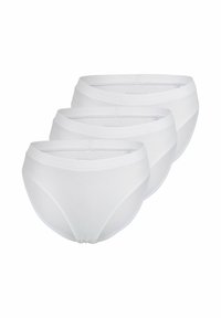 Tre paia di slip in cotone bianco con una texture liscia, design a vita bassa e cintura elastica, dotati di bordi senza cuciture per un maggiore comfort.