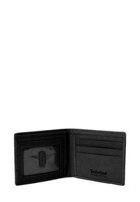Portafoglio in vera pelle nera con numerose fessure per carte, una finestra trasparente per l'ID e cuciture bianche. Logo Timberland impresso sulla parte anteriore.