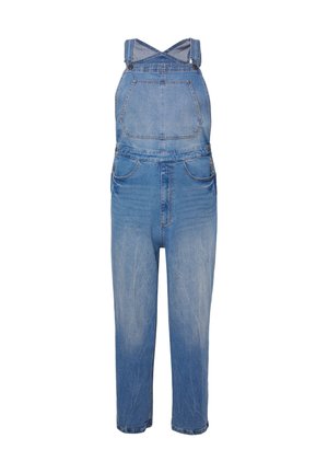 Salopette di denim azzurro chiaro con spalline regolabili, tasca anteriore, bottoni laterali e vestibilità dritta.
