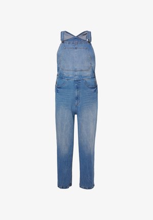 Vaaleansiniset denim-haalarit, joissa on säädettävät olkaimet, etupuvun tasku, sivupainikkeet ja suora lahkeiden istuvuus.