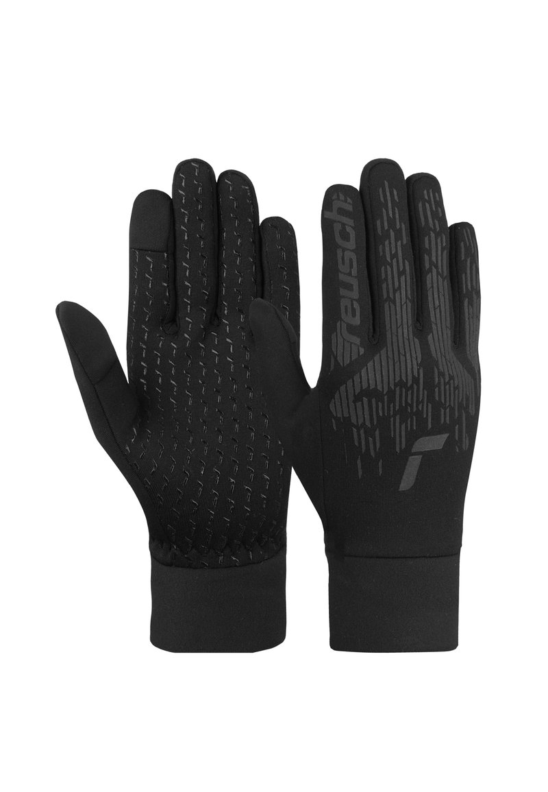 Black gloves with a smooth exterior and textured grip pattern, featuring a logo in a contrasting shade, suitable for outdoor activities.