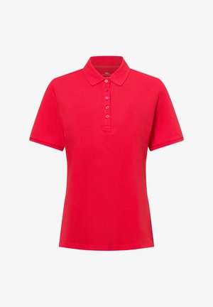 Red polo shirt with a flat collar, short sleeves, and five-button placket. Made of smooth, lightweight fabric for comfort.
