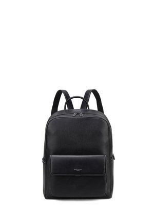 Black leather backpack with front pocket, dual shoulder straps, top handle, and double zipper closure on main compartment.