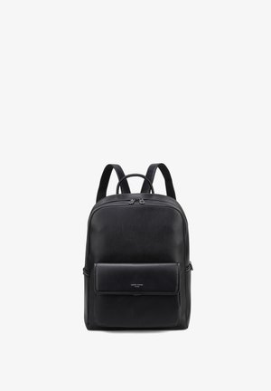 Black leather backpack with front pocket, dual shoulder straps, top handle, and double zipper closure on main compartment.