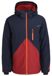 Veste d'hiver à capuche bleu marine et rouge avec fermeture éclair orange, zip de la poche poitrine et logo Quiksilver sur la poitrine droite.