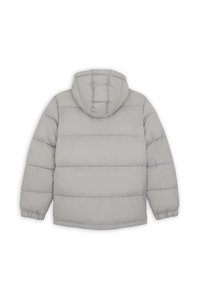Jasnoszara pikowana kurtka z kapturem. Posiada poziome przeszycia, prążkowane mankiety i luźny fason. Gładki, ocieplany materiał.