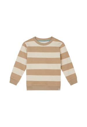 Tan en crèmekleurig gestreepte sweatshirt met lange mouwen, geribbelde manchetten en een ronde hals. Gemaakt van een zachte stof, met een gestructureerde afwerking.