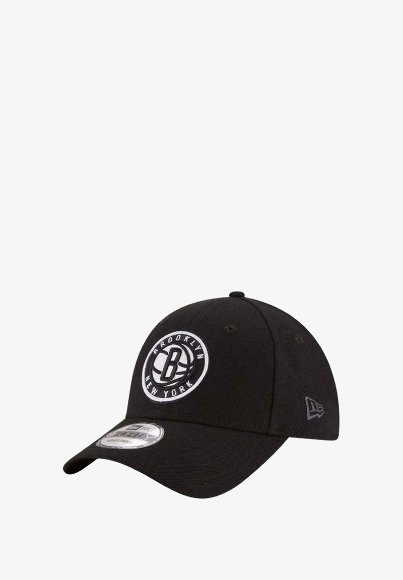 Black baseball cap made of fabric, featuring a circular embroidered logo with "Brooklyn New York" text and a flat brim.