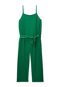 Combinaison verte avec des bretelles fines, une ceinture nouée à la taille et des jambes larges. Fabriquée en tissu doux au toucher lisse, sans motifs distincts.