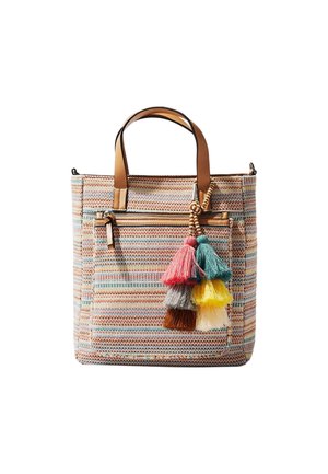 Tkany torba na ramię z jasnobrązowymi skórzanymi uchwytami, przednią kieszenią na zamek oraz sześcioma kolorowymi frędzlami w kolorach różowym, lagunowym, żółtym, kremowym, szarym i brązowym zwisającymi z jednego uchwytu.