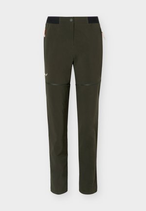 Σκούρο πράσινο ελαφρύ παντελόνι πεζοπορίας με μαύρη ελαστική μέση και φερμουάρ στα πλαϊνά τσέπες, σχεδιασμένο για υπαίθριες δραστηριότητες.