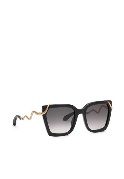 Lunettes de soleil carrées noires avec verres foncés dégradés et branches dorées en forme de serpent qui s’enroulent du cadre jusqu’aux extrémités.
