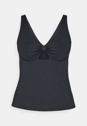 Schwarzes Tank-Top mit tiefem V-Ausschnitt, Raffung in der Mitte und einem Schlüsselloch-Ausschnitt darunter. Glatter Stoff und figurbetontes Design.