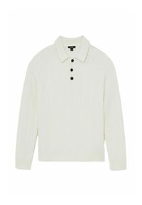 Cremfarbener Strickpullover mit Zopfmuster, ausgestattet mit einem Knopfkragen und drei schwarzen Knöpfen, gerippten Bündchen und Saum.