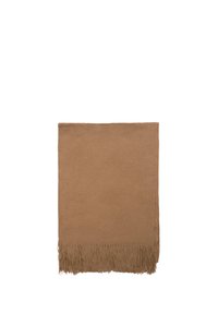 Brązowy prostokątny szalik wykonany z miękkiego materiału z frędzlami na brzegach. Gładka tekstura, brak wzorów lub akcentów, minimalistyczny design.