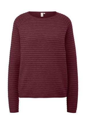 Bordo ilgas rankovėmis megztinis su tekstūruotu griovelių dizainu, turintis apvalią iškirptę ir horizontalius raštus audinyje.