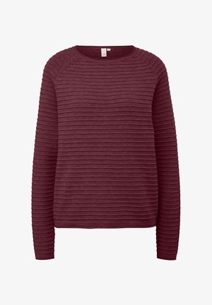 Maglione bordeaux a maniche lunghe con un design a coste testurizzato, caratterizzato da un colletto rotondo e linee orizzontali sulla stoffa.